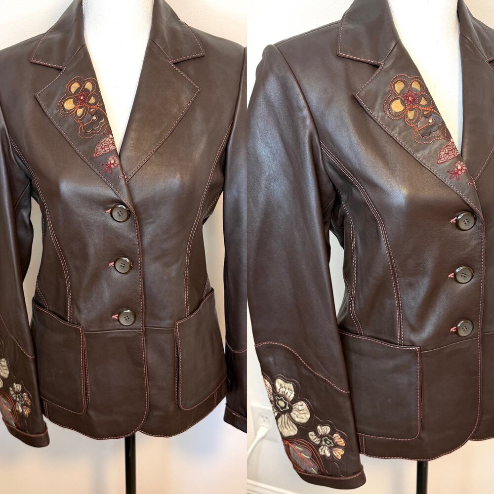 Vintage Lillie Rubin Floral Embroidered Lambs Leather Blazer Jacket Brown Small
